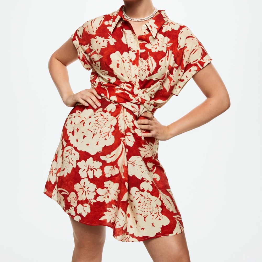 Mango Orange and Cream Floral Mini Shirt Dress, Size 1XL
